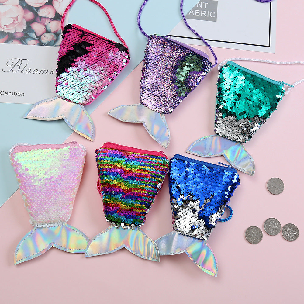 Wholesale Children' s wallet fish tail sequins lanyard coin purse girl mermaid diagonal